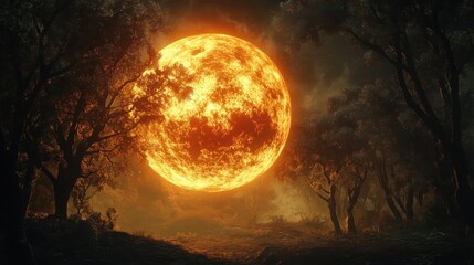 Fiery Celestial Body Rising Over Silhouetted Trees