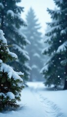 Fototapeta premium Snowflakes gently falling amidst coniferous trees in cold winter air, forest, calm, evergreen