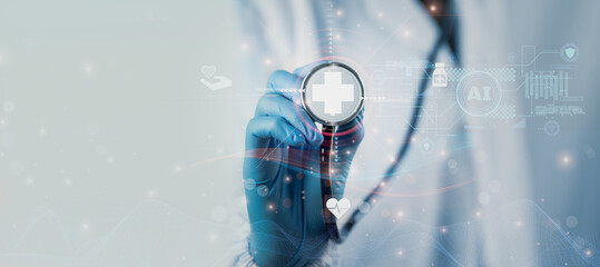 Doctor Using System Analysis treatment Healthcare Patient, Data Network via Cloud, Digital Healthcare with artificial intelligence Or AI, Future Medical Technology and Patient Care Innovation concept
