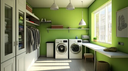 Modern Green Laundry Room Design with White Cabinets and Washer and Dryer