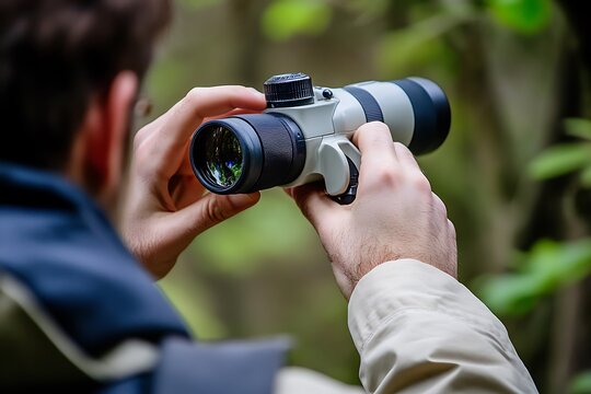 Nature Enthusiast with Binoculars in Forest