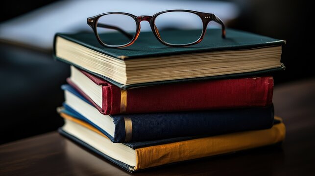 A stack of colorful books with reading glasses resting on top, set against a blurred background