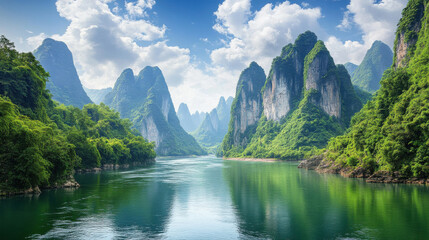 stunning karst landscape featuring towering limestone formations, lush greenery, and serene river reflecting sky