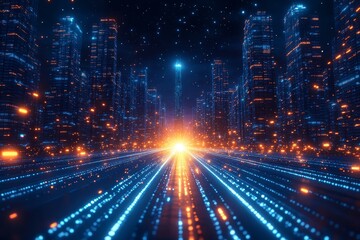 Fototapeta premium Futuristic blue cityscape with speed lines and glowing light effects illustrating high-speed internet or transport concept on a dark gradient background.