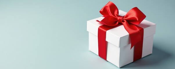 White gift box wrapped in a large red ribbon with bows, paper, decorative