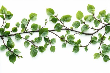 Obraz premium Green tree branches with leaves on a white background, spring or summer nature, vector illustration, isolated on transparent background, clean and sharp focus.