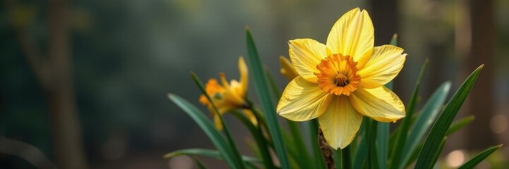 Wilted narcissus bloom with dry leaves and stems, flowers, withered, deceased