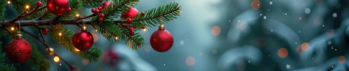 Winter forest branch with red and gold ornaments, natural decor, festive