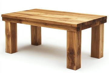 Modern solid oak dining table with square legs, elegant color scheme and natural lighting, isolated on white background. High-resolution details.