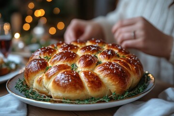 A plate of traditional Hanukkah foods, including challah bread, served on a festive table