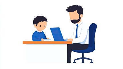 Obraz premium Father and son engaged in learning at a desk with a laptop in a modern home setting