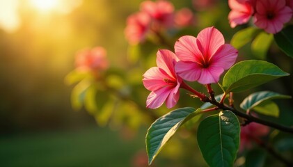 Obraz premium Adenium tree with blooming flowers in warm light, foliage, tree, adenium