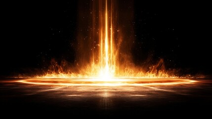 A dramatic burst of fiery light emanates from a circular base, creating an intense, glowing effect against a dark background.