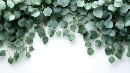 Lush green leaves cascading over a clean white background, perfect for nature-themed designs