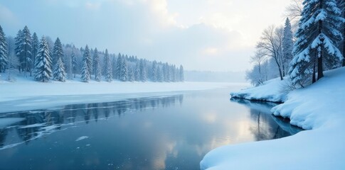 A windy lake with a frozen water surface and snowy trees in the background, wind, lake, serene