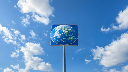 Global view signpost, blue sky, clouds. Environmental awareness campaign image