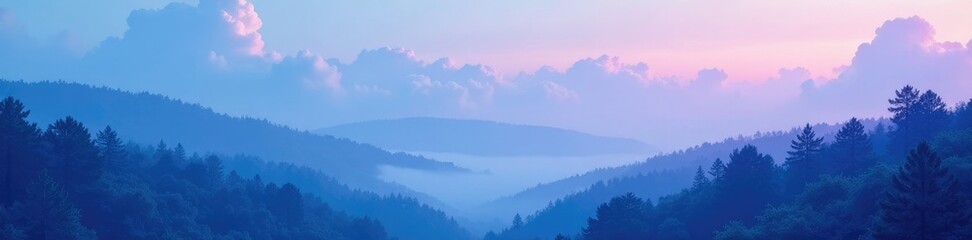Clouds in shades of blue and purple float above a peaceful forest, blue, still, misty