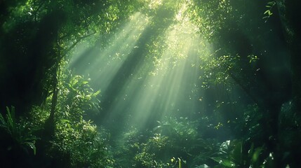 Sunbeams Illuminating Lush Rainforest