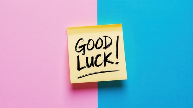 Yellow sticky note with good luck message on colorful background - Powered by Adobe