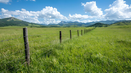 Obraz premium Wooden fence posts stretch across a vast green pasture under a blue sky with fluffy clouds in a mountainous rural landscape.