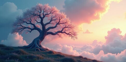 Ethereal branches entwine majestic cloud formations, tree, ethereal, serene