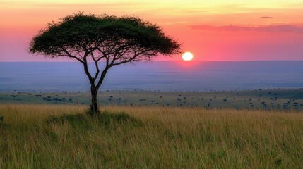 Obraz premium Serene sunset over a vast savannah landscape with a solitary tree and distant wildlife grazing