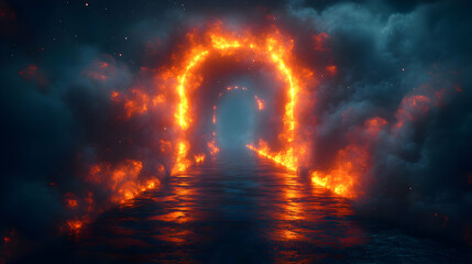 Fiery Portal In Dark Night Landscape