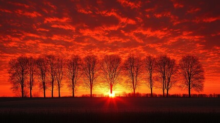 Sunset over a row of trees silhouetted against a vibrant red sky, creating a serene landscape