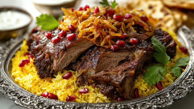 a festive platter of Nasi Mandhi, featuring fluffy saffron-infused rice topped with tender roasted lamb