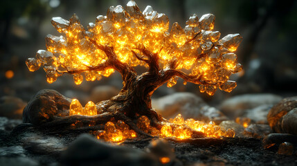 Glowing Crystal Tree In Dark Environment