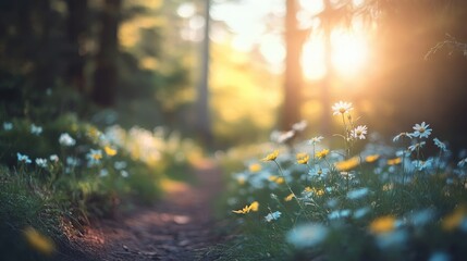 Sunlit path through a forest, wildflowers in bloom. A peaceful, dreamy scene with soft light and delicate colors.