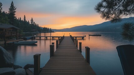 Fototapeta premium Tranquil sunset over a serene lake, with a wooden dock extending towards the horizon. Boats gently rest on the calm water, as the sky blazes with warm colors.