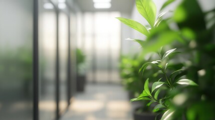 Naklejka premium Lush Green Indoor Plants in Bright Modern Office Space with Sunlight Streaming Through Glass Walls Creating a Serene Atmosphere