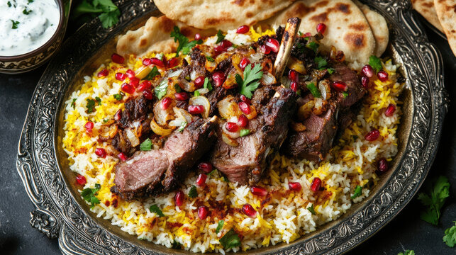 a festive platter of Nasi Mandhi, featuring fluffy saffron-infused rice topped with tender roasted lamb