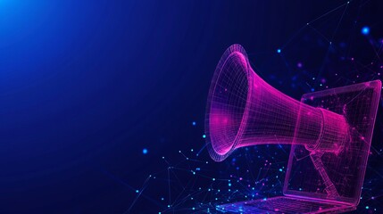 Digital marketing low poly wireframe illustration featuring a 3d laptop and megaphone with connected dots, symbolizing online advertising, targeted promotions, and internet marketing strategies in a f