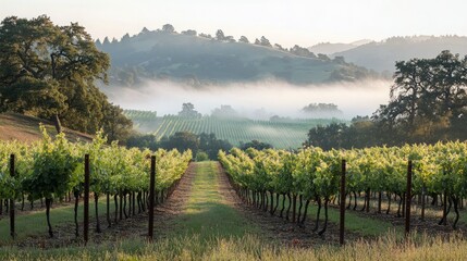 Obraz premium Serene morning mist rolls over a picturesque vineyard, creating a magical atmosphere. Rows of vines stretch towards the hills, bathed in soft sunlight.