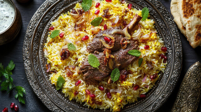 a festive platter of Nasi Mandhi, featuring fluffy saffron infused rice topped with tender roasted lamb