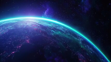 A stunning view of a vibrant planet"s atmosphere, glowing against a cosmic background filled with stars and nebulae.