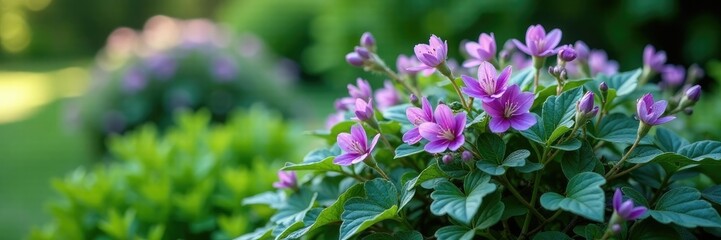 Purple flowers and silvery-green leaves on a compact shrub, greenery, small tree, evergreen