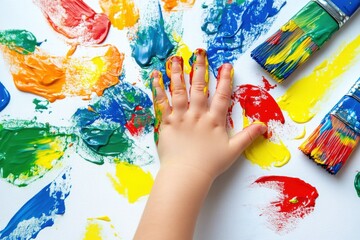 Obraz premium Hand in close-up crafting art using multicolored brushes.