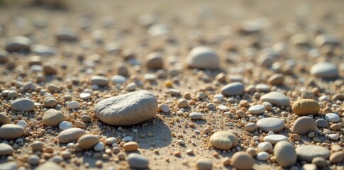 Scattered pebbles and stones on a barren ground, landscape, desolation, calmness
