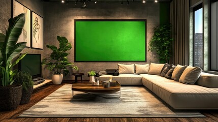 Modern Living Room Interior Design with Green Screen
