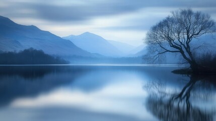 Obraz premium Serene landscape photo of a solitary tree reflected in a calm lake, set against a backdrop of misty mountains. Shades of blue dominate the image, creating a tranquil atmosphere.