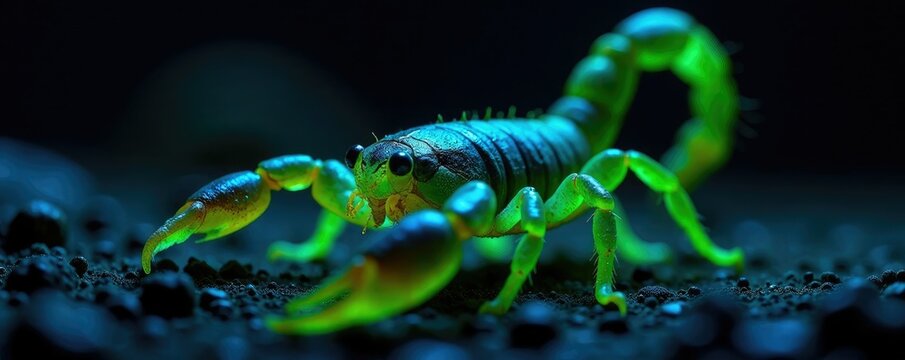 Scorpion Buthus occitanus glowing bright in full body under uv light, green glow, uv light, arachnid