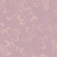 Fototapeten Floral seamless pattern features translucent soft red eucalyptus leaves on a mauve background. The leaves appear ethereal and overlapping, creating a light and airy design © momosama
