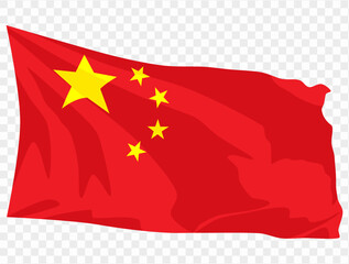 Waving China flag isolated on transparent PNG background. Perfect for designs, high-quality  vector image.