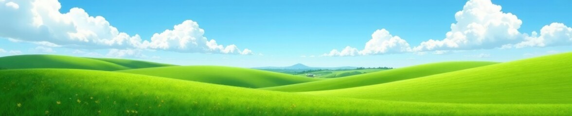 Obraz premium Serene landscape of rolling hills under a clear summer sky and fluffy white clouds, peaceful, countryside, vast space