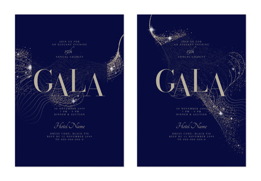 Charity gala dinner invitation features flowing, minimalist organic golden lines, shimmering silver on dark blue background, adding a touch of glamour