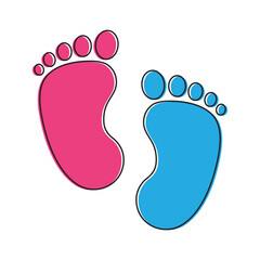 Newborn baby boy and girl footprint with heart shape. Childhood, birthday celebration, footsteps concepts. Flat vector design isolated illustration.