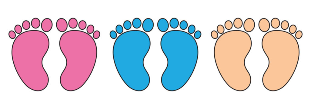 Newborn baby boy and girl footprint with heart shape. Childhood, birthday celebration, footsteps concepts. Flat vector design isolated illustration.